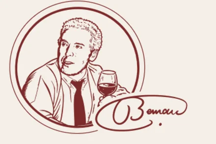 Line drawing of Bernard raising a glass of red wine, with his signature