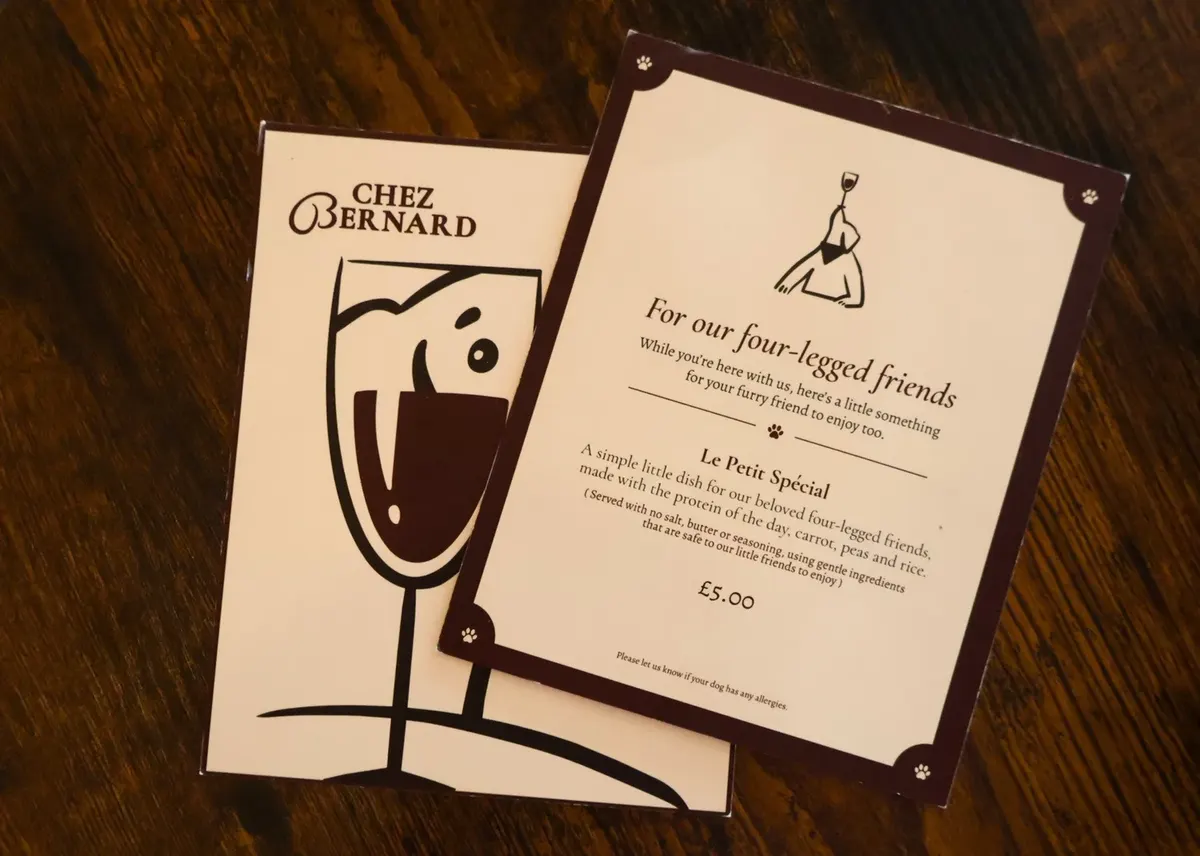 The Chez Bernard menu for dogs, headed For our four-legged friends