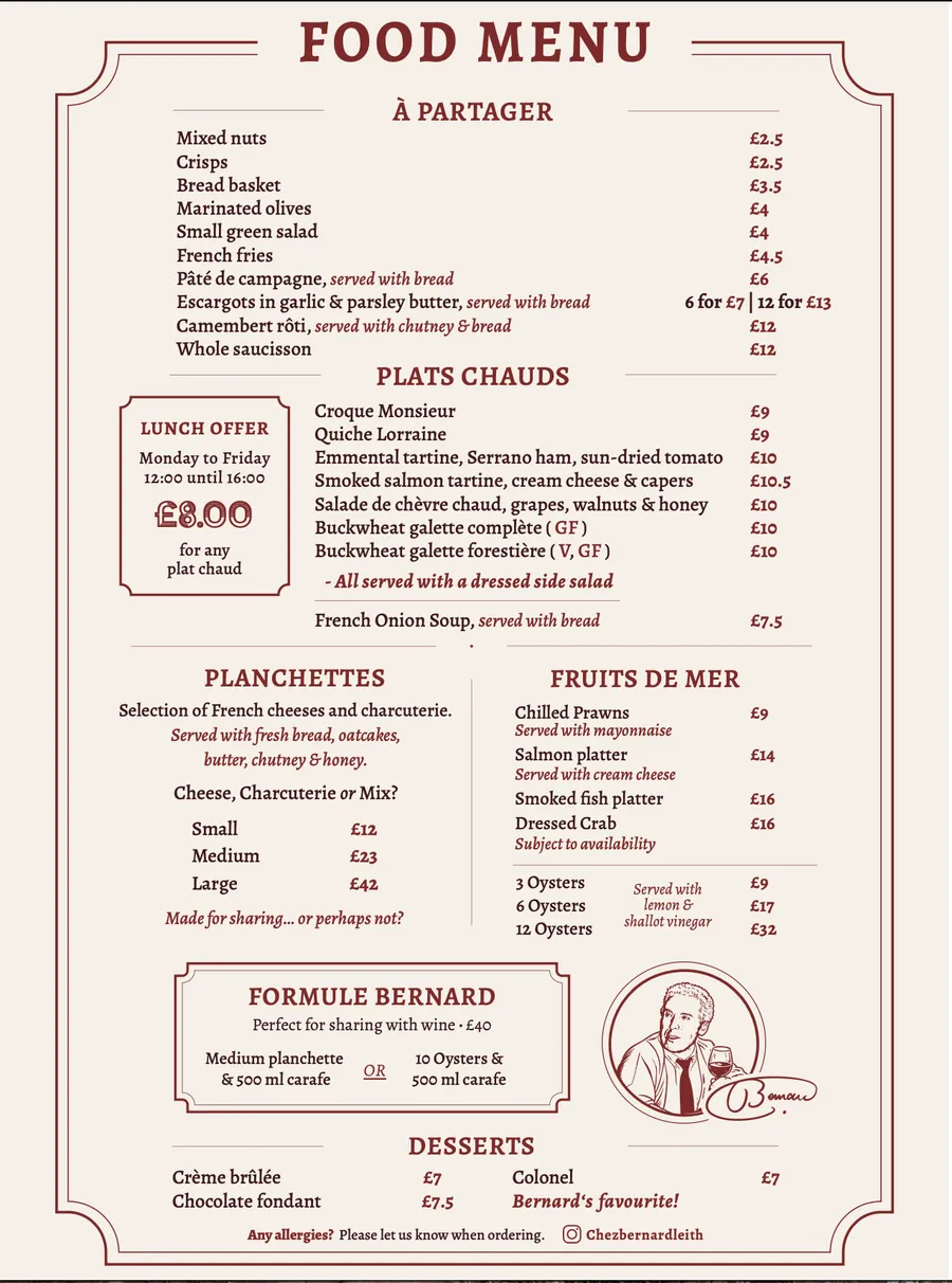 The full Chez Bernard printed food menu card